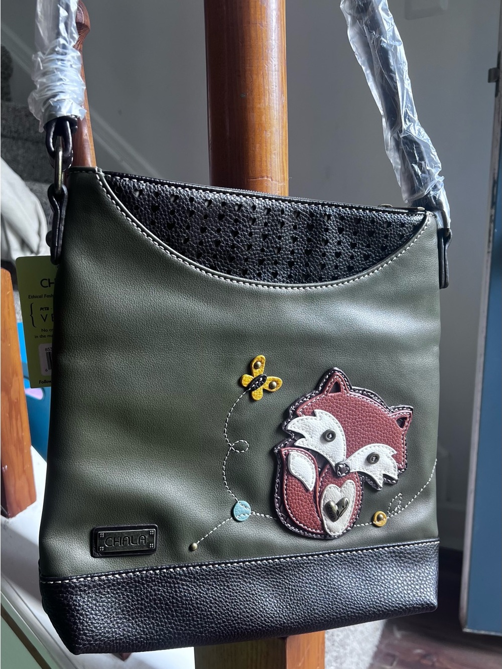 Chala Olive Green & Brown Fox Applique Crossbody Bag